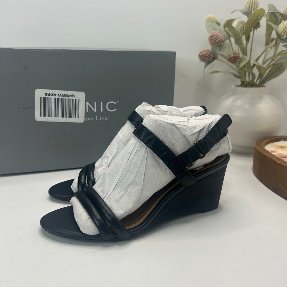 Vionic Emmy Wedge Leather Stacked Heel Sandal Black Women 6 Tried On